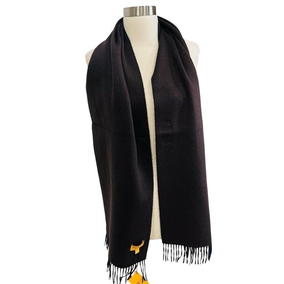 Hickey Freeman Solid Double Face Merino Wool Fringe Scarf Brown/Navy Reversible - Picture 5 of 16